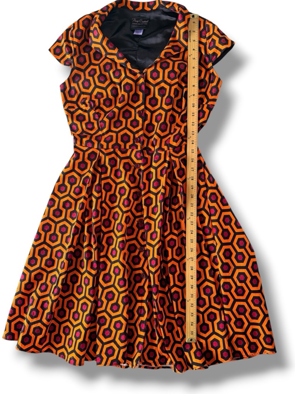 Pinup Couture Overlook Print Dress RARE The Shining Geo Orange Red Black Large - Picture 3 of 8
